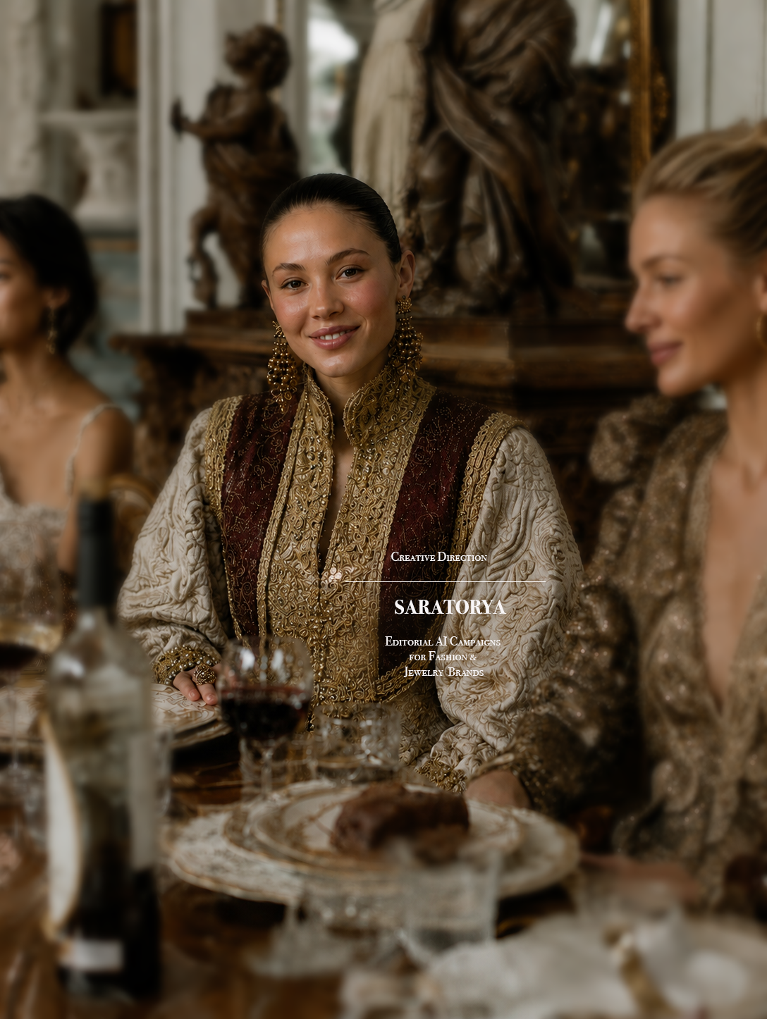 Luxury jewellery campaign in a candlelit baroque dinner setting with cinematic art direction.
