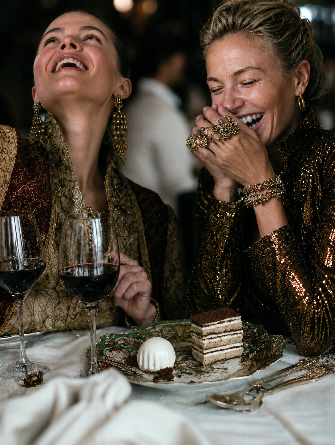 Luxury jewellery campaign in a candlelit baroque dinner setting with cinematic art direction.