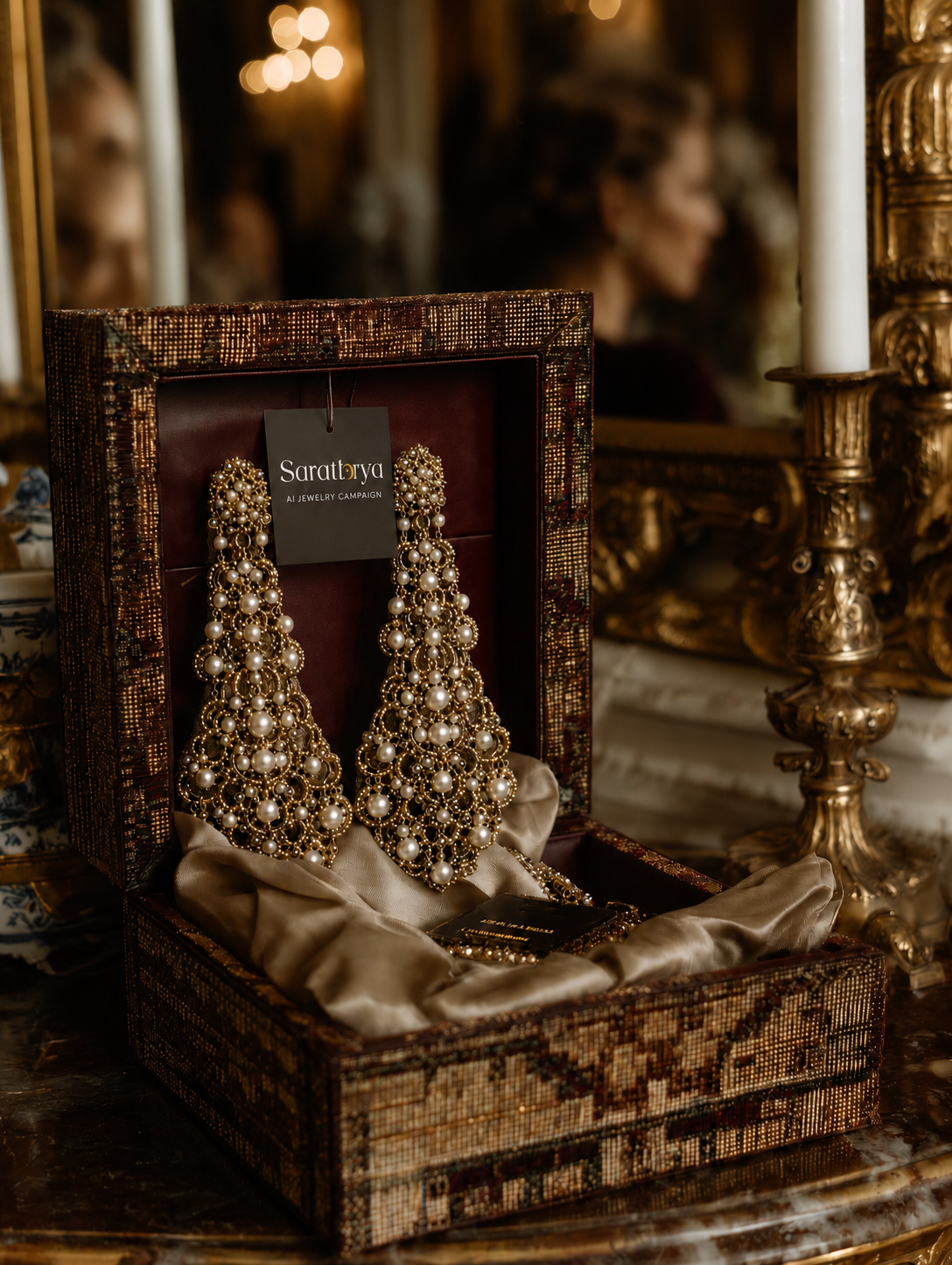 Luxury jewellery campaign in a candlelit baroque dinner setting with cinematic art direction.